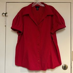 Apostrophe Red Puff Short Sleeve Stretch Blouse Silver Metalic Threads Sz 22W